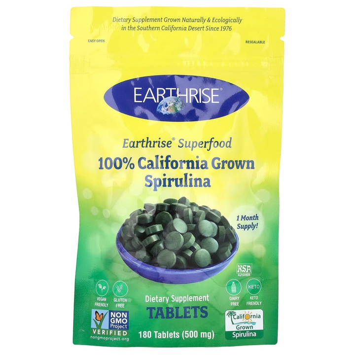 Supliment alimentar, spirulina 100% Earthrise, 3000 mg, 180 comprimate , vegan, fara gluten