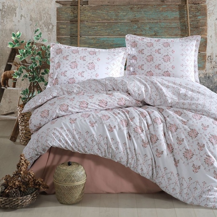 Dupla ágyneműhuzat virágmintával, 100% pamut ranforce, 4 darab, 240 x 260 cm, Lenzerii Deosebite, Krista