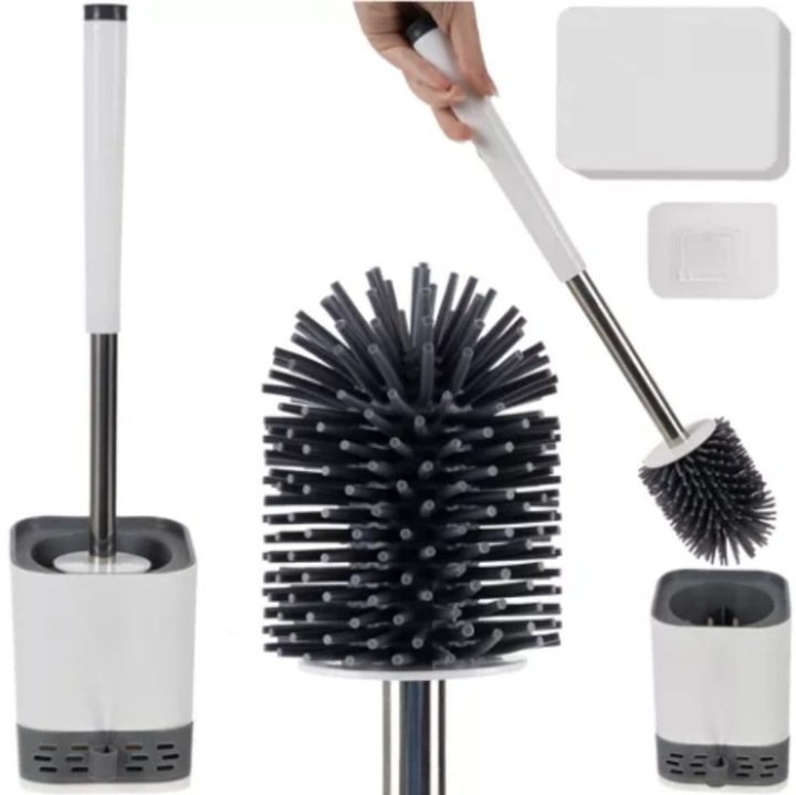 Силиконова четка за тоалетна, Zola®, с контейнер за оттичане и клещи, лепен държач, стоманена дръжка, квадратна, бяла/сива