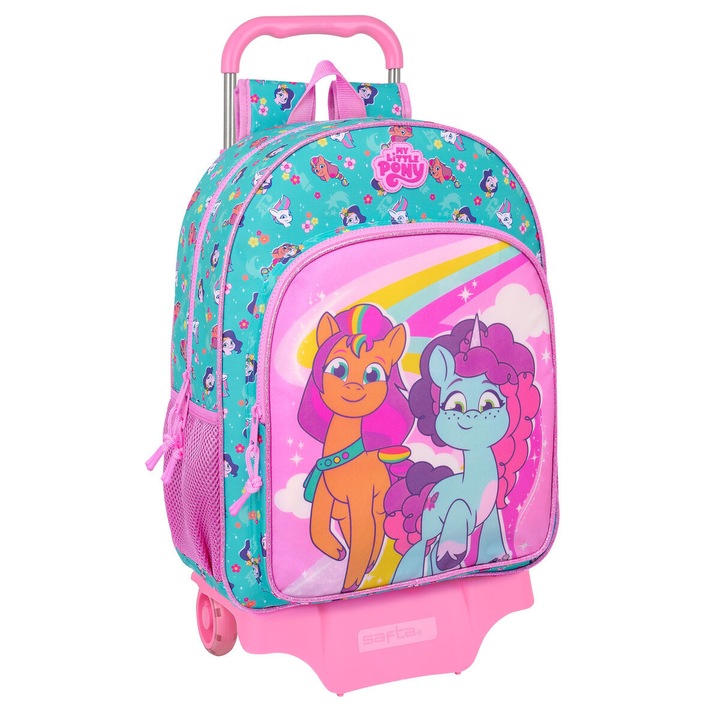 Ghiozdan cu Roti My Little Pony Magic, Roz/Turquoise, 33x42x14cm, Poliester 300D, Carucior Detasabil, Compartimente Multiple
