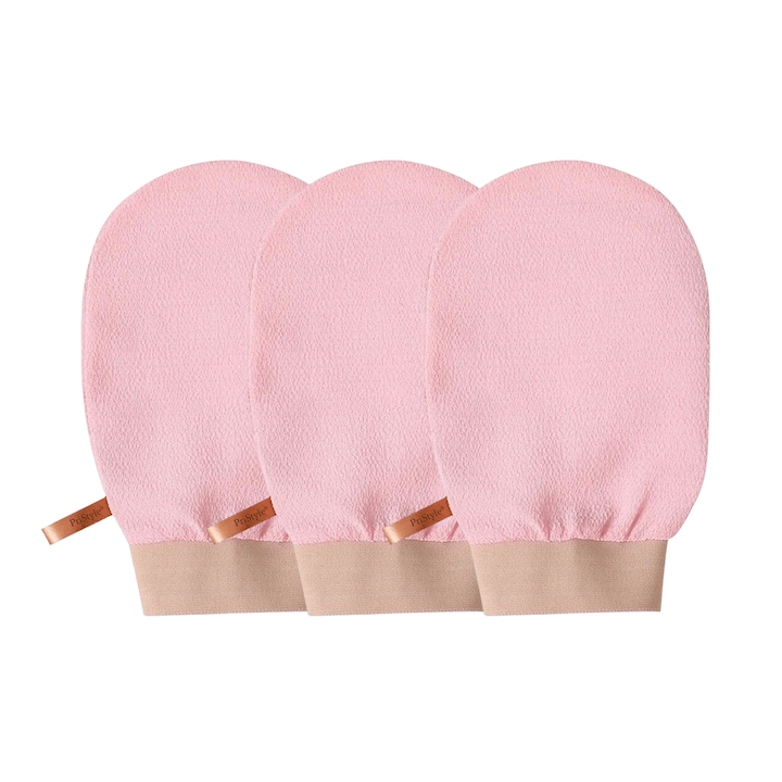 Set 3 Manusi Exfoliante Corp – Indeparteaza Celulele Moarte si Impuritatile, Piele Fina si Catifelata, Ideale pentru Dus si Baie, Reutilizabile, Roz, PriStyle®