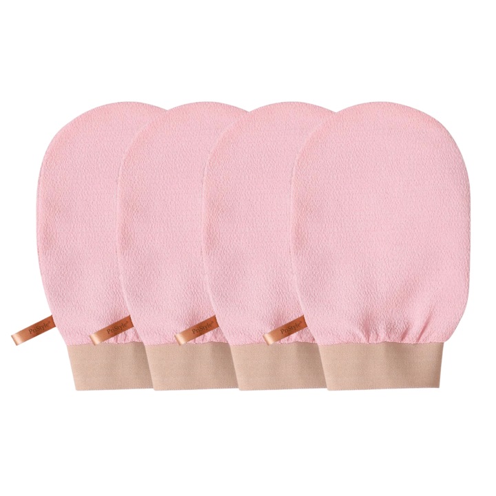 Set 4 Manusi Exfoliante Corp – Indeparteaza Celulele Moarte si Impuritatile, Piele Fina si Catifelata, Ideale pentru Dus si Baie, Reutilizabile, Roz, PriStyle®
