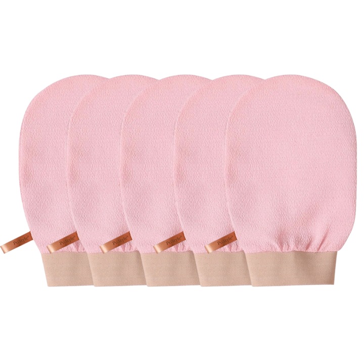Set 5 Manusi Exfoliante Corp – Indeparteaza Celulele Moarte si Impuritatile, Piele Fina si Catifelata, Ideale pentru Dus si Baie, Reutilizabile, Roz, PriStyle®