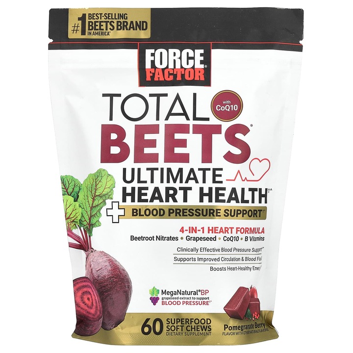 Supliment alimentar, Force Factor, Total Beets cu Coenzima Q10, sanatate cardiovasculara, aroma de fructe de padure, 60 de bomboane moi