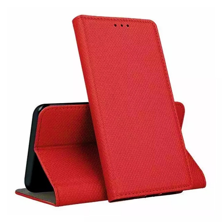 Bőr tok, kompatibilis a Xiaomi Redmi Note 14 Pro Plus 5G készülékkel, texturált dizájn, mágneses záródás, intelligens lágy záródás, könyv alakú tartó, pénztárca zseb, piros