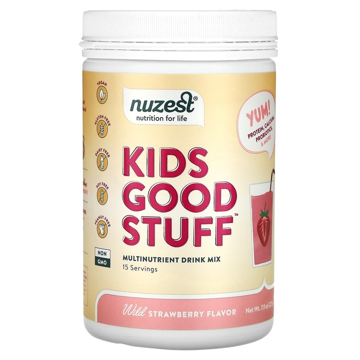 Supliment alimentar, Nuzest Kids Good Stuff, amestec de bautura multinutrient, capsuni, 225 g