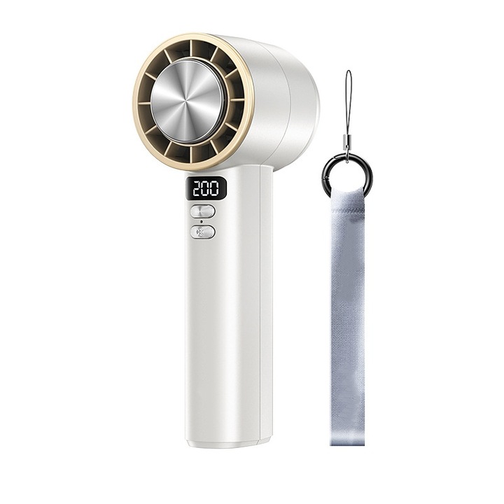 Преносим вентилатор с полупроводникова охлаждаща турбина, безстепенно регулиране с 200-степенен цифров дисплей, 3600 mAh, бял