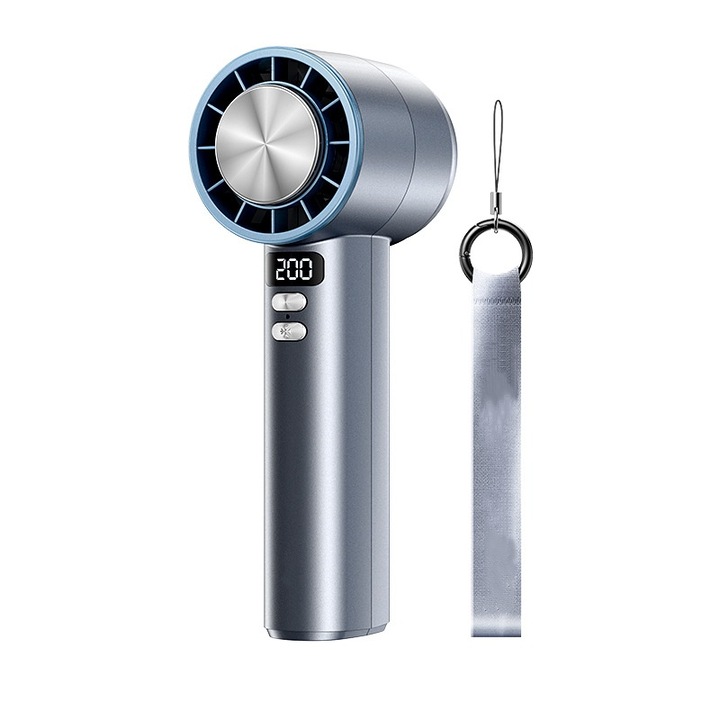 Преносим вентилатор с полупроводникова охлаждаща турбина, безстепенно регулиране с 200-степенен цифров дисплей, 3600 mAh, син/сив