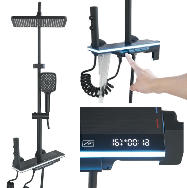 BisDesign® Fürdőszobai Zuhanyoszlop, Vízhőmérséklet Kijelző, Termosztát, Fekete Üveg, Zongoragombok, Állítható Magasság, Matt Fekete Felület, 30 cm Zuhanyfej Esőhatással, 4 Átfolyási Funkció