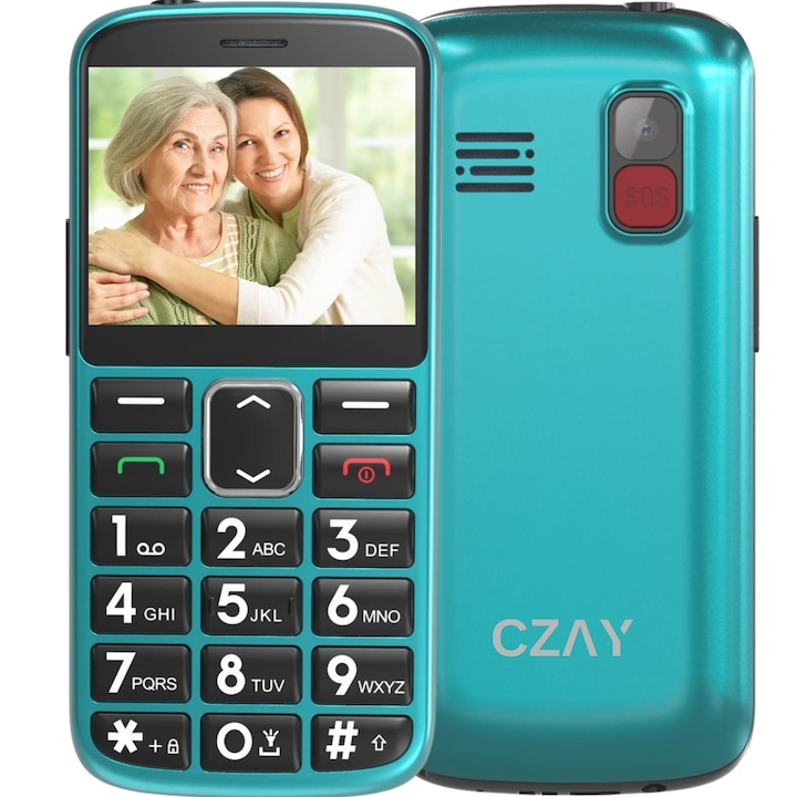 Telefon Mobil Seniori CZAY® cu Taste Mari si Buton SOS pentru Siguranta, Meniu Romana si Maghiara, Autonomie 7 Zile, Volum Puternic, Dual Sim, Ecran LCD Generos, Color, Camera foto, Lanterna, Radio, Bluetooth, Turcoaz, 2G