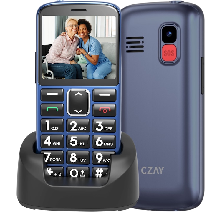Telefon Mobil Seniori cu Butoane Mari CZAY®, Meniu in Limba Romana, Maghiara, Autonomie 7 Zile, Volum Puternic Reglabil, Buton SOS, 2G, Dual Sim, Ecran LCD Mare, Color, Usor de Folosit pentru Varstnici, Pensionari si Bunici, Camera Foto, Lanterna, Radio