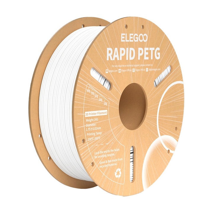 Filament pentru imprimanta 3D ELEGOO, Rapid PETG, Viteza printare de pana la 600 mm/s, 1 kg, Alb