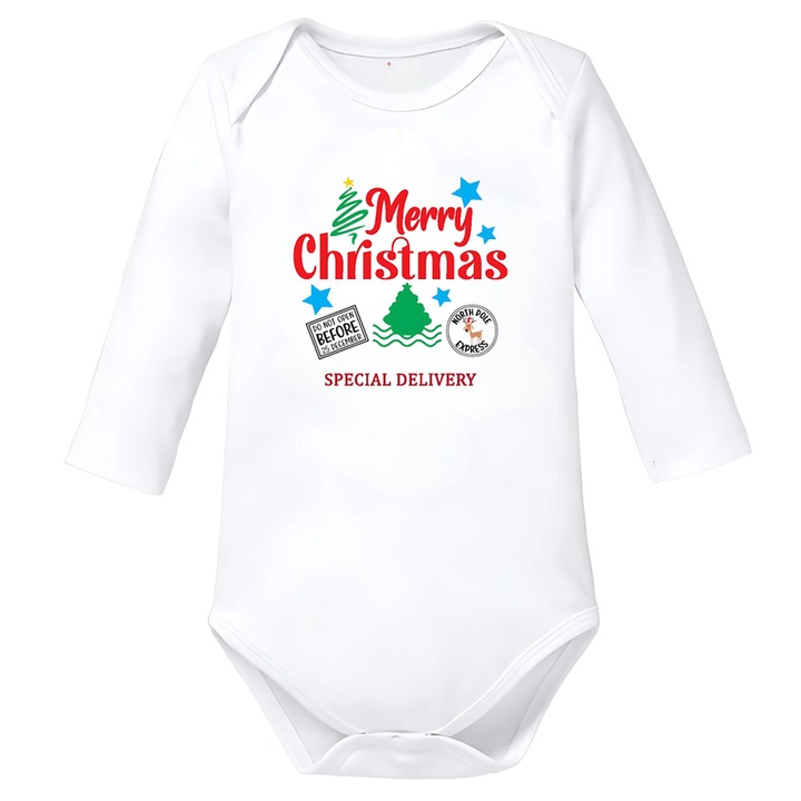 Fehér pamut babatest Merry Christmas, Fehér