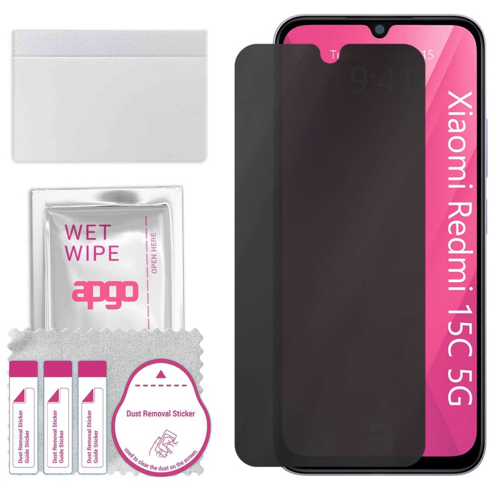 Folie de protectie PRIVACY apgo pentru Xiaomi Redmi 15C 5G – efect anti-spionaj, hidrogel, full glue, 5D, mat, ultra-subtire