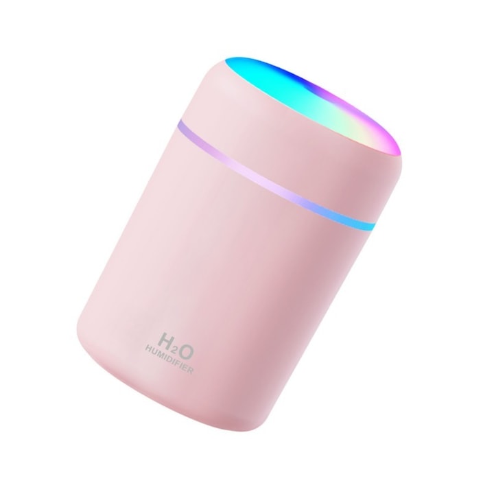 Diffúzor RGB fényekkel, 2 üzemmód, prémium modell, rózsaszín, csendes működés, hordozható, tartós, időzített kikapcsolás, több alkalomra is alkalmas, USB töltés