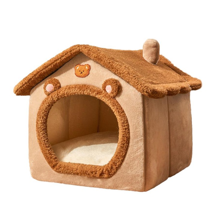 NEXTLY ház alakú kutya- és macskafekhely, levehető tetővel és párnával, csúszásgátló alappal, bolyhos anyagok - szövet és PP pamut, 30x30x30cm, barna