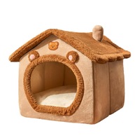 Patut caini si pisici in forma de casa NEXTLY, acoperis si perna detasabile, baza antialunecare, materiale pufoase - tesatura si bumbac PP, 30x30x30cm, maro