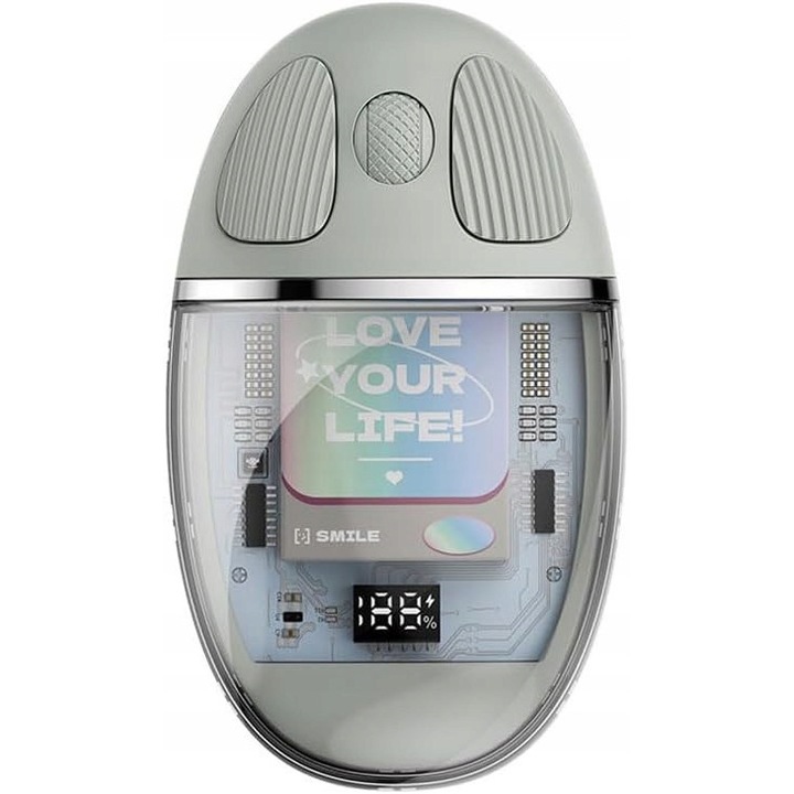 Mouse wireless Magic Crystal, ergonomic, dual connectivity, gri, 110x64.5x35mm