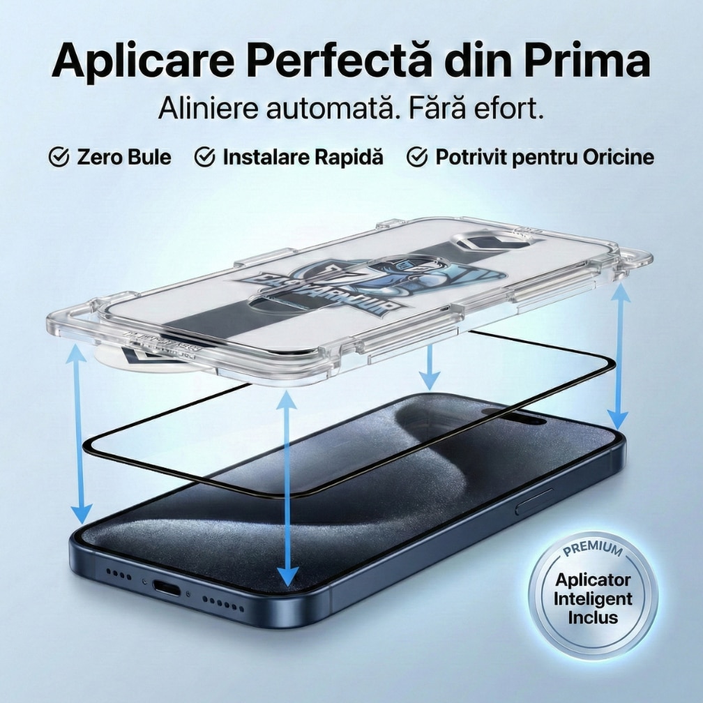 Folie Sticla pentru iPhone 17 Pro Max, cu Kit Montaj Automat pentru Aplicare Usoara si Rapida, Fara Bule, Margini Negre Rezistente (9H), EasyArmour