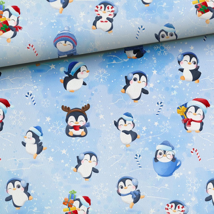 Material textil, Bumbac imprimat Pinguini fericiti, bumbac 100%