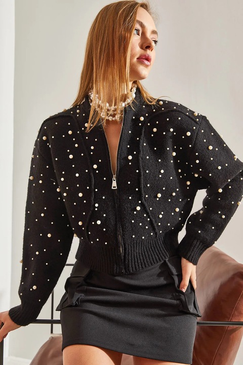 Cardigan scurt, HiCCUP, model texturat, cu fermoar, negru, tricot, S-M INTL