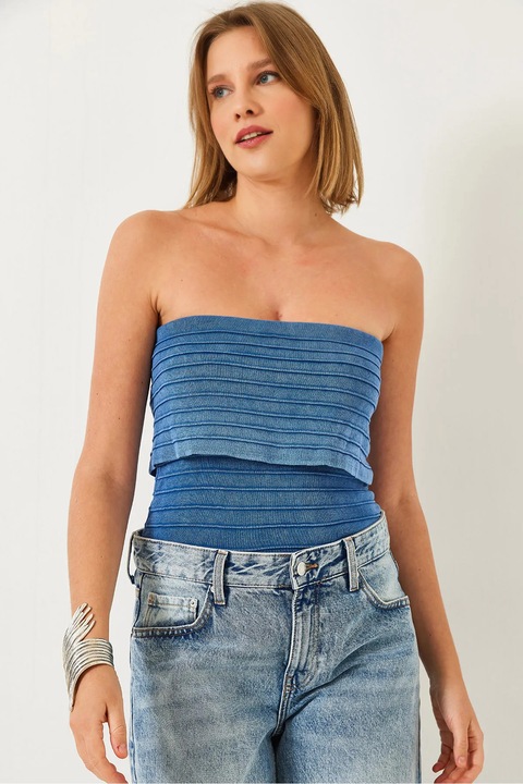 Текстуриран топ без презрамки HiCCUP, памук, син, SM INTL