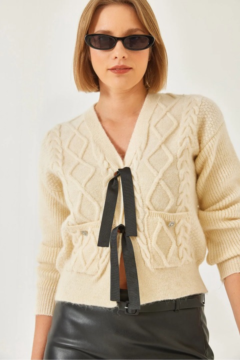 Cardigan scurt, HiCCUP, texturat, decolteu in V, natural, tricot, S-M INTL