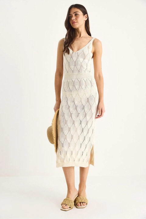 Rochie midi tricotata, Bianco Lucci, decolteu in V, texturata, bej, tricot, S-M INTL