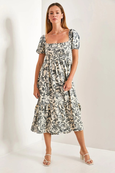 HiCCUP midi ruha viragmintaval es szogletes nyakkivagassal, Szürke, S