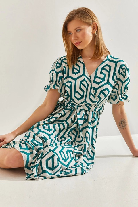 Rochie midi, Bianco Lucci, decolteu in V, model geometric, alb-verde, viscoza, S INTL