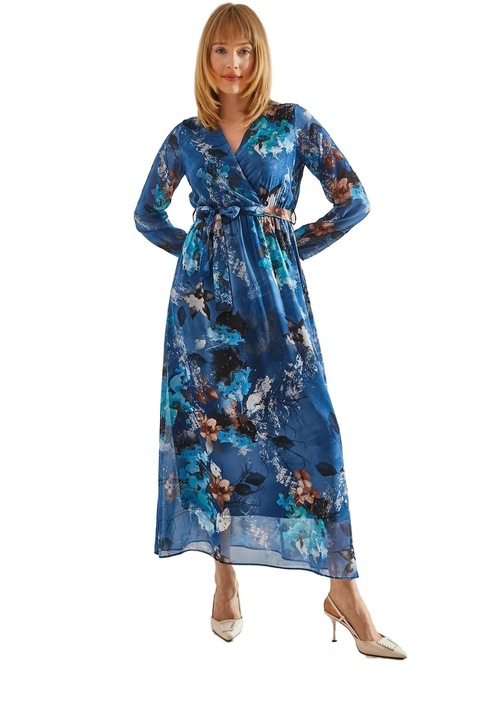 Női maxi ruha, HiCCUP, V-nyakú, virágmintás, tüll, kék