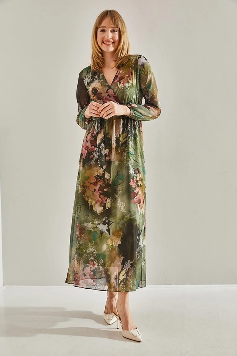 Női HiCCUP maxi ruha, V-nyakú, virágmintás, tüll, többszínű