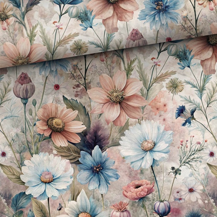 Material textil, Tricot french terry, Tricot trening imprimat Dream Wildflowers, bumbac 95%, elastan 5%