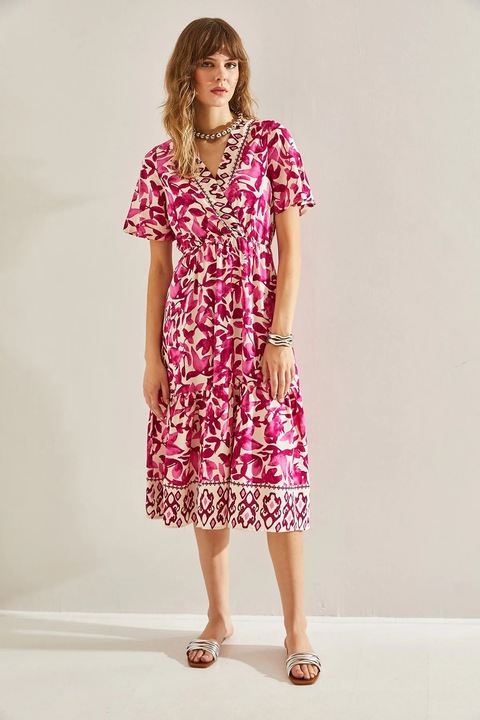 Midi ruha, HiCCUP, V-nyakú, fodros, rózsaszín, pamut, S INTL