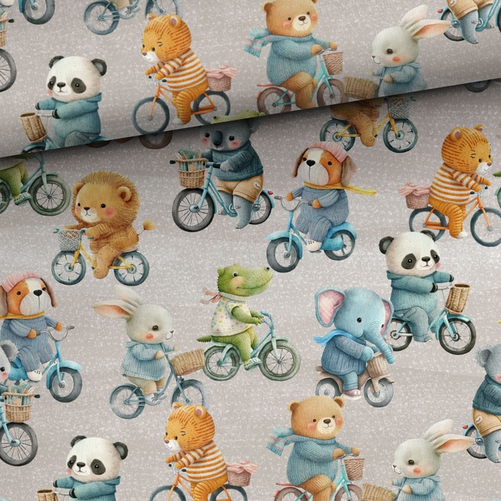 Material textil, Tricot french terry, Tricot trening imprimat Animale pe bicicleta, bumbac 95%, elastan 5%