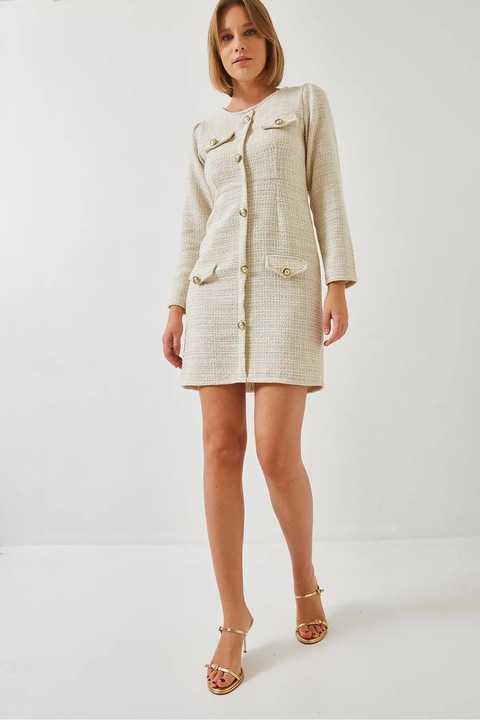 Rochie mini, HiCCUP, tweed zsebekkel, bézs, textil