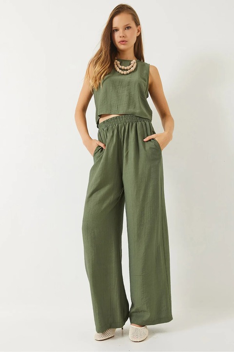 Set doua piese, HiCCUP, tricou scurt cu talie inalta si pantaloni largi, verde, textil