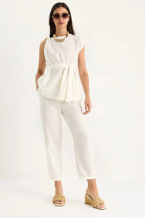 Set doua piese, HiCCUP, tunica scurta si pantaloni din bumbac texturat, bej, cu inchidere cu nod