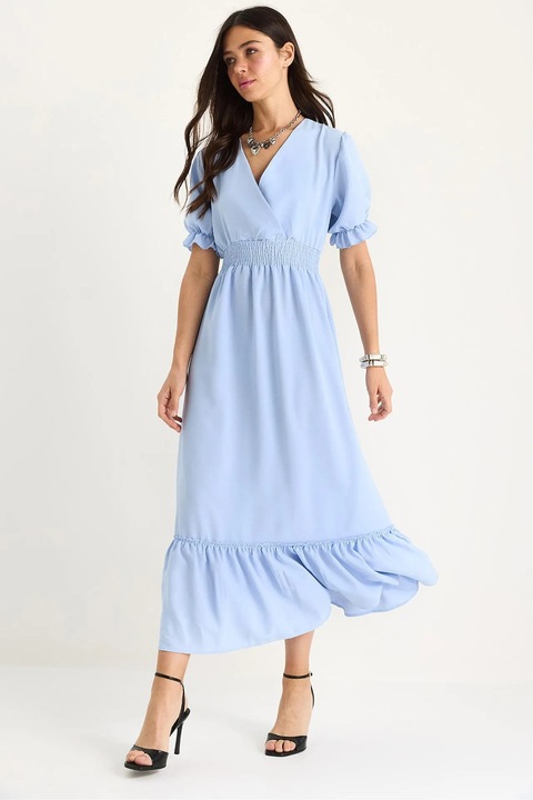 Midi ruha, HiCCUP, V-nyakú, masni, kék, poliészter-pamut