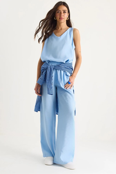 Compleu dama, HiCCUP, tricou elegant si pantaloni largi, poplin, albastru