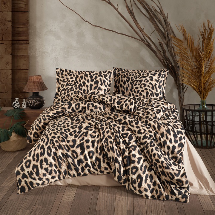 Lenjerie pat dublu NufJoy® 100% BUMBAC RANFORCE, 4 Piese, King Size, cearsaf pat 240x260 cm, pilota 200x220 cm, 2 fete perne 50x70, Calitate Premium, Cutie Cadou, Leo