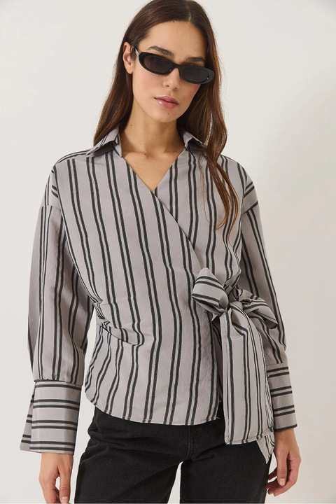 HICCUP poplin ing, csíkos és masnis, szürke, textil