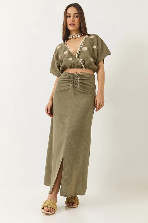 Set doua piese, HiCCUP, brodat, decolteu in V, verde, poliester