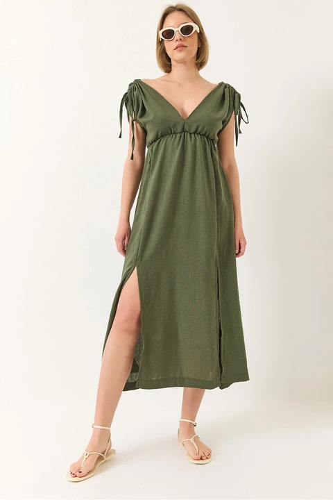 Női maxi ruha, HiCCUP, puplin, V-nyakú, zöld