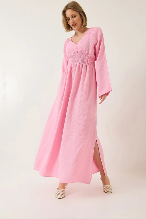Midi ruha, HiCCUP, texturált, V-nyakú, smockolt derék, rózsaszín, pamut