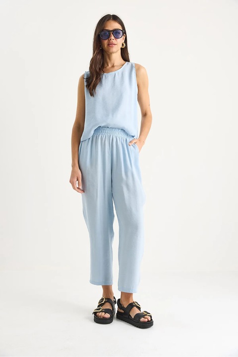 Compleu dama, HiCCUP, tunica cu maneca lunga, pantaloni largi, albastru, textil, M INTL