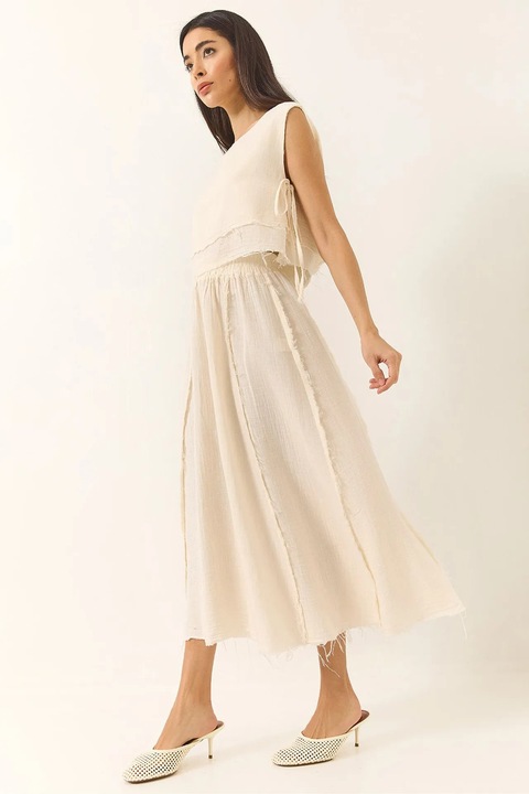 Set costume dama, HiCCUP, tunica texturata si pantaloni cu croi larg, bej, bumbac