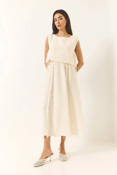 Compleu dama HiCCUP, tunica texturata din bumbac, pantaloni cu croi larg, bej, textil, Bej