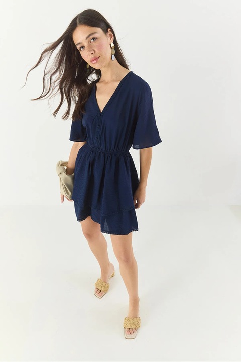 Rochie mini, HiCCUP, V-nyakú, csipke részletekkel, kék, viszkóz és nejlon, M INTL