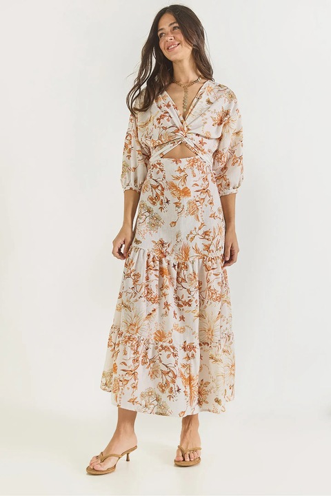 Maxi ruha, HiCCUP, virágmintás, V-nyakú, narancssárga, poliészter